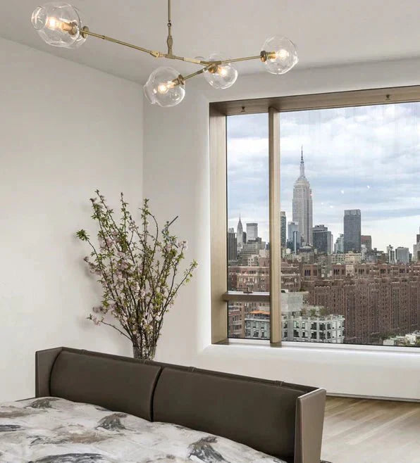 Modern Sputnik Smoky Gray/Amber Glass Branch Chandelier for Kitchen Island/Dining Room - 5 Globes/W64.2"*D20.86"*H20.87"Brass Finish/Clear GlassWarm LightJoyfuzzy