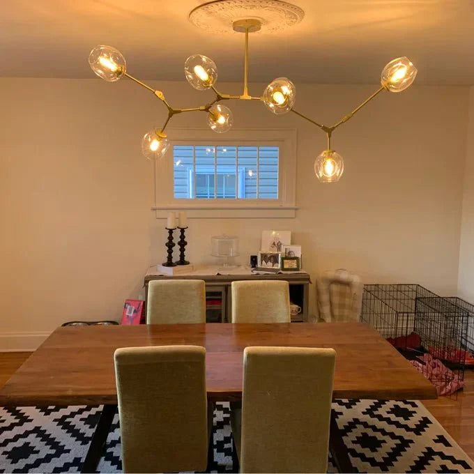 Modern Sputnik Smoky Gray/Amber Glass Branch Chandelier for Kitchen Island/Dining Room - 5 Globes/W64.2"*D20.86"*H20.87"Brass Finish/Clear GlassWarm LightJoyfuzzy