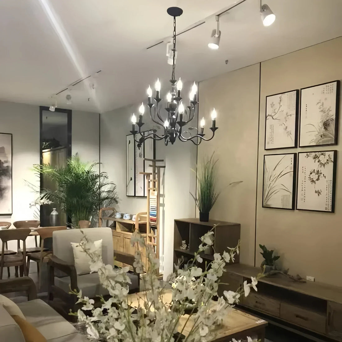 Multi Layer Iron Chandelier with Electronic Candles in Vintage Country Style for Living Room Cafe and Study-