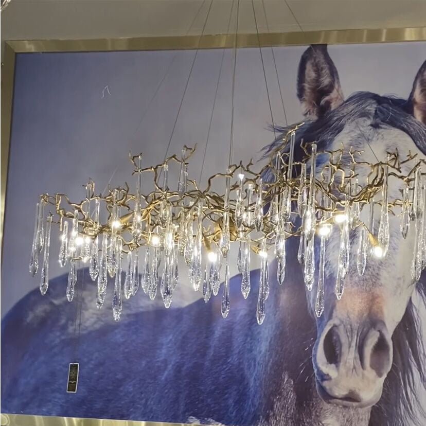 New Clear Crystal Rain Copper Branch Chandelier Modern Designer Pendant Light For Dining Table/Kitchen Island - Rectangular L39.4"*W13.8"*H19.7"Warm LightJoyfuzzy