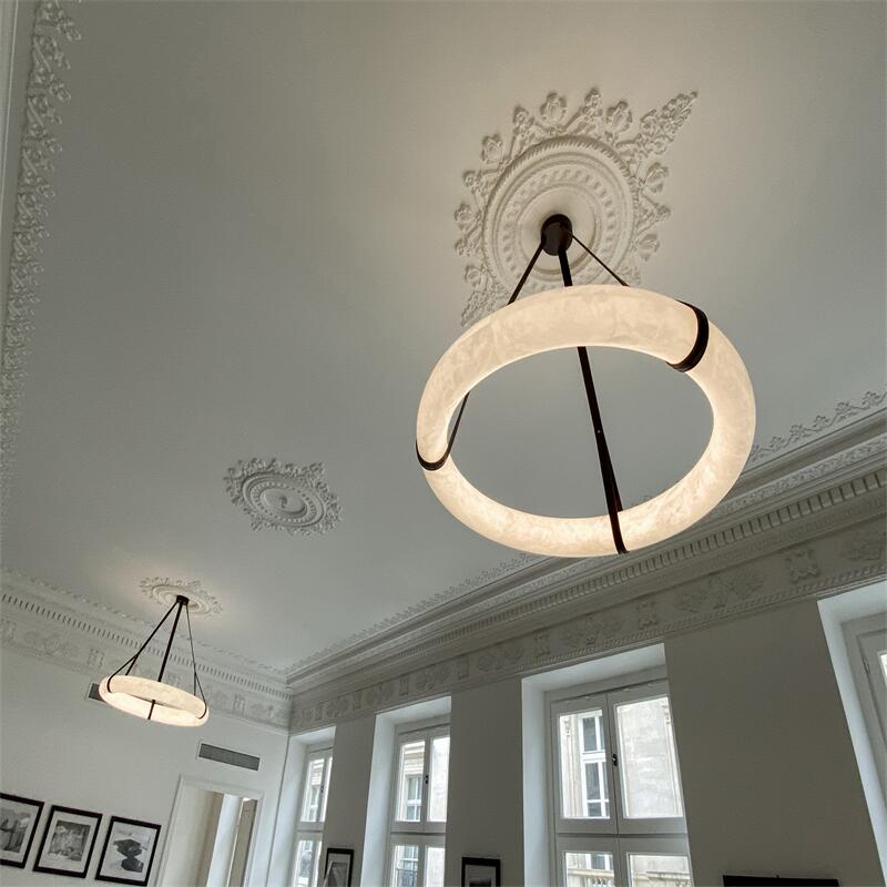 Oslo L1P Pendant Alabaster Chandelier, Halo Ring Chandelier With canopy Over Dining Table - 11.8" D Single RingJoyfuzzy