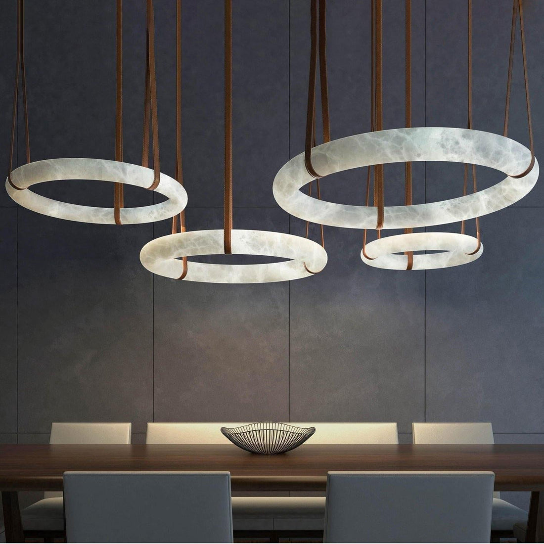 Oslo Pendant Alabaster Chandelier, Halo Ring Chandelier With Leather - 23.6" D Single RingJoyfuzzy