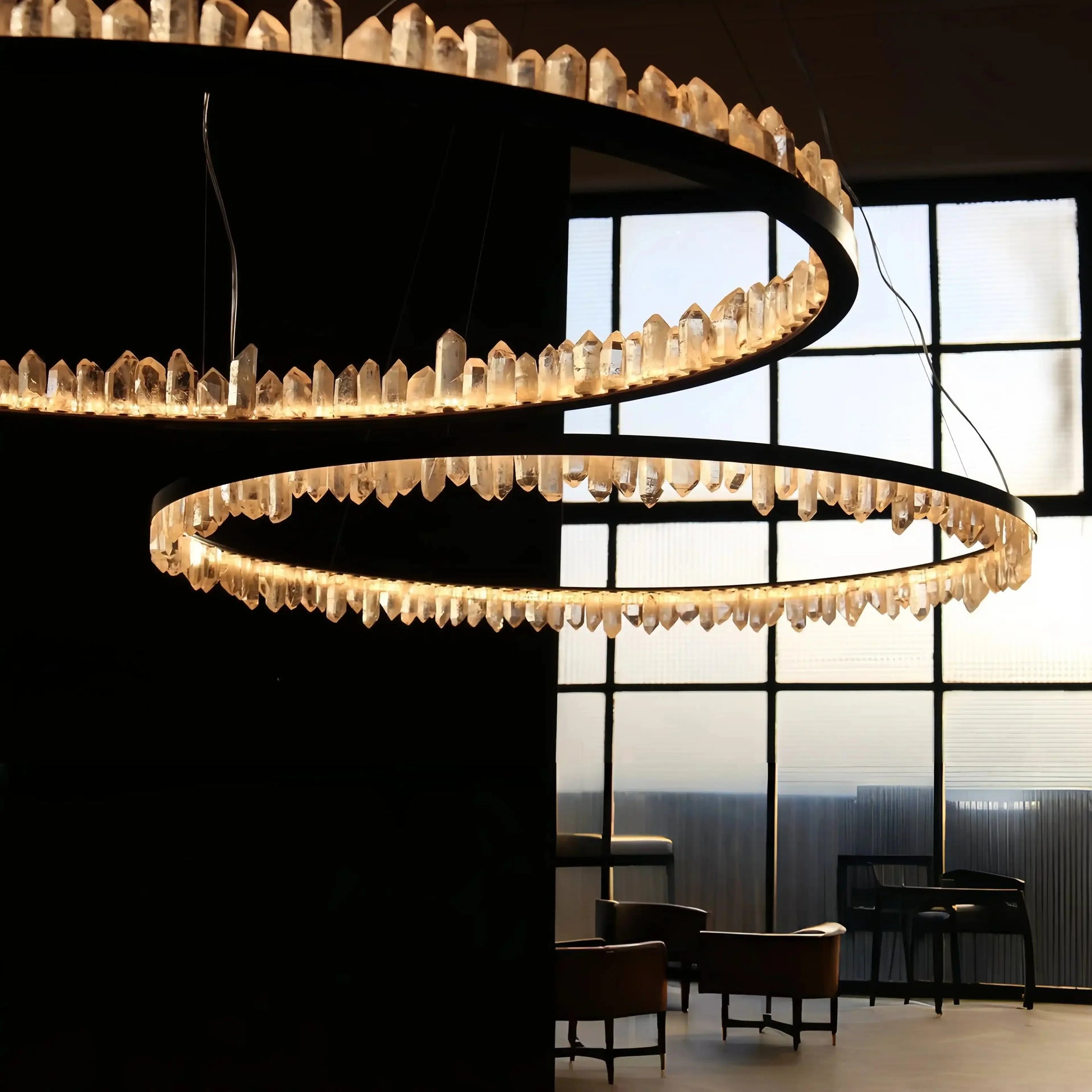 Round Modern Chandelier Brass & Clear Geode Quartz Crystal Hanging Light - Joyfuzzy