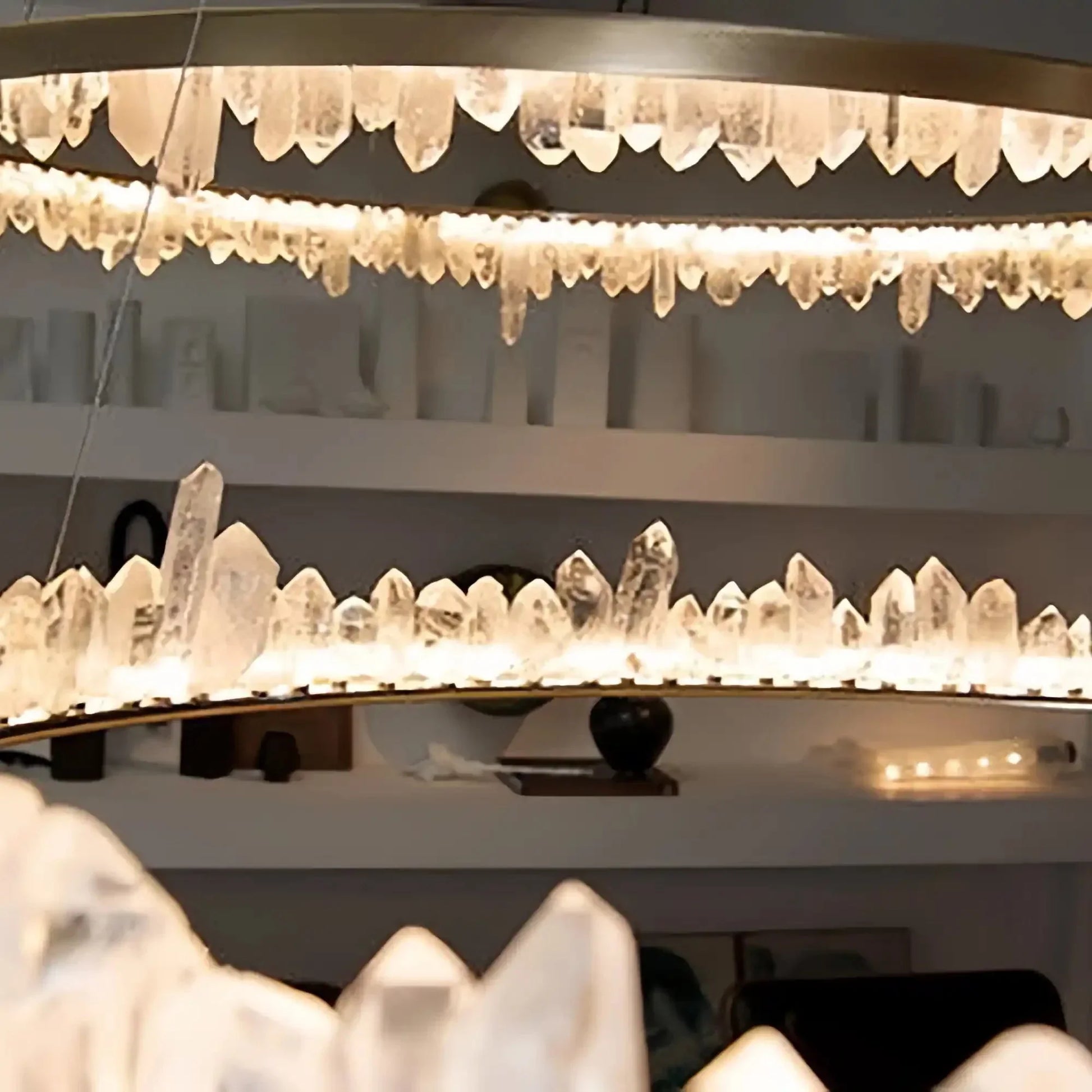Round Modern Chandelier Brass & Clear Geode Quartz Crystal Hanging Light - Joyfuzzy