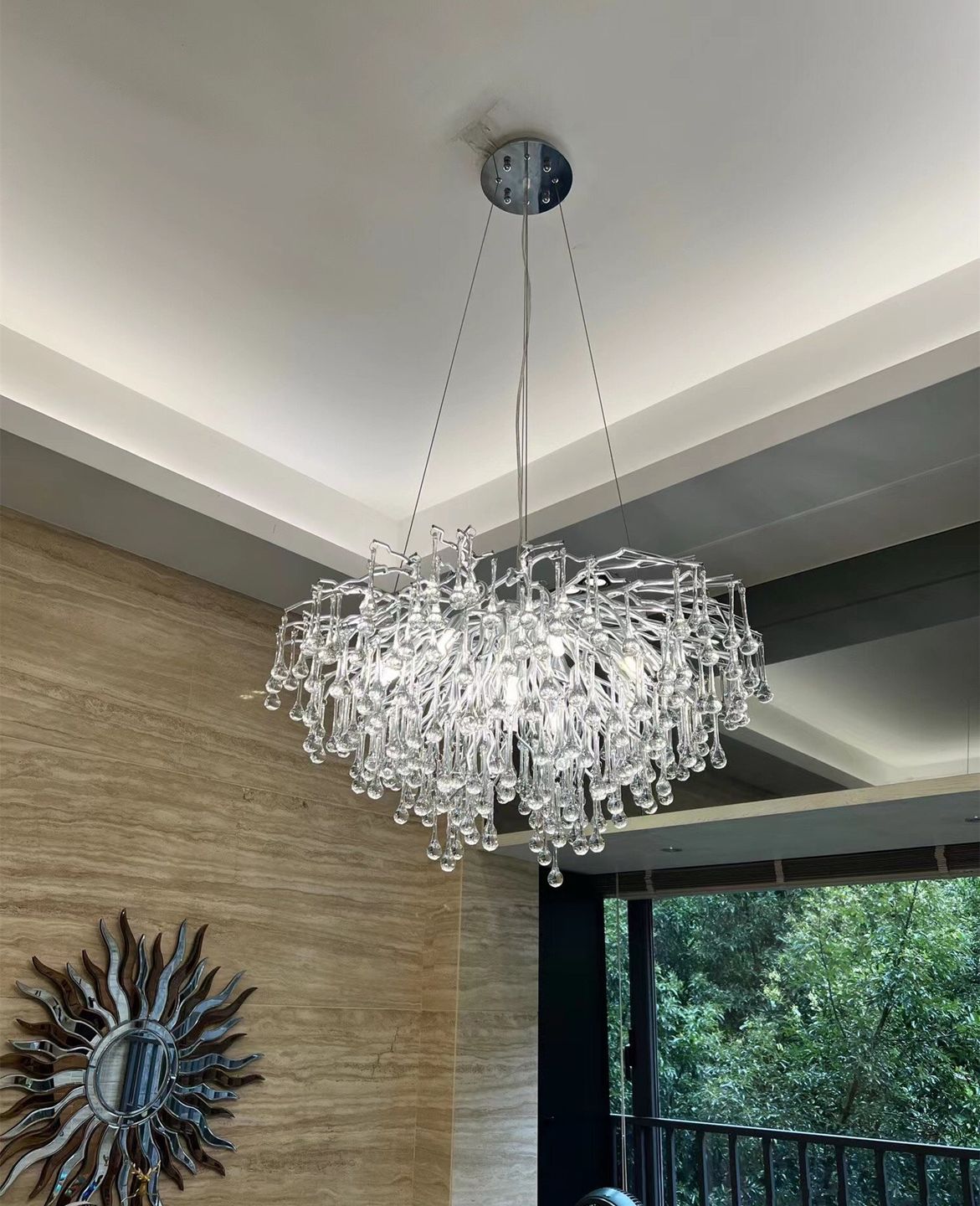 Stunning Tree Branch Crystal Chandelier with Clear Teardrop - shaped for Living/Dining Room - Rectangle L39.4”*W25.6”*H25.6”/10 Lights/27kgChromeWarm LightJoyfuzzy