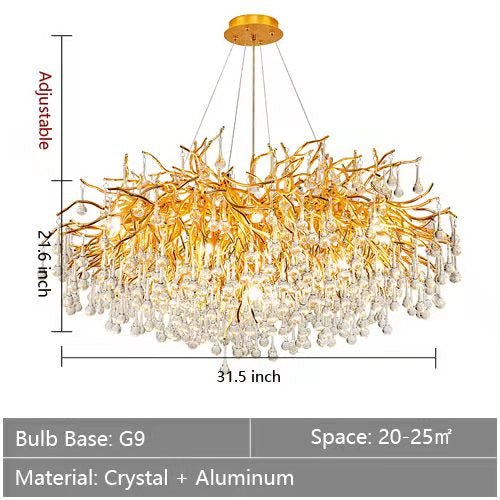 Stunning Tree Branch Crystal Chandelier with Clear Teardrop - shaped for Living/Dining Room - Round D31.5”*H21.7”/10 LightsGoldWhite LightJoyfuzzy