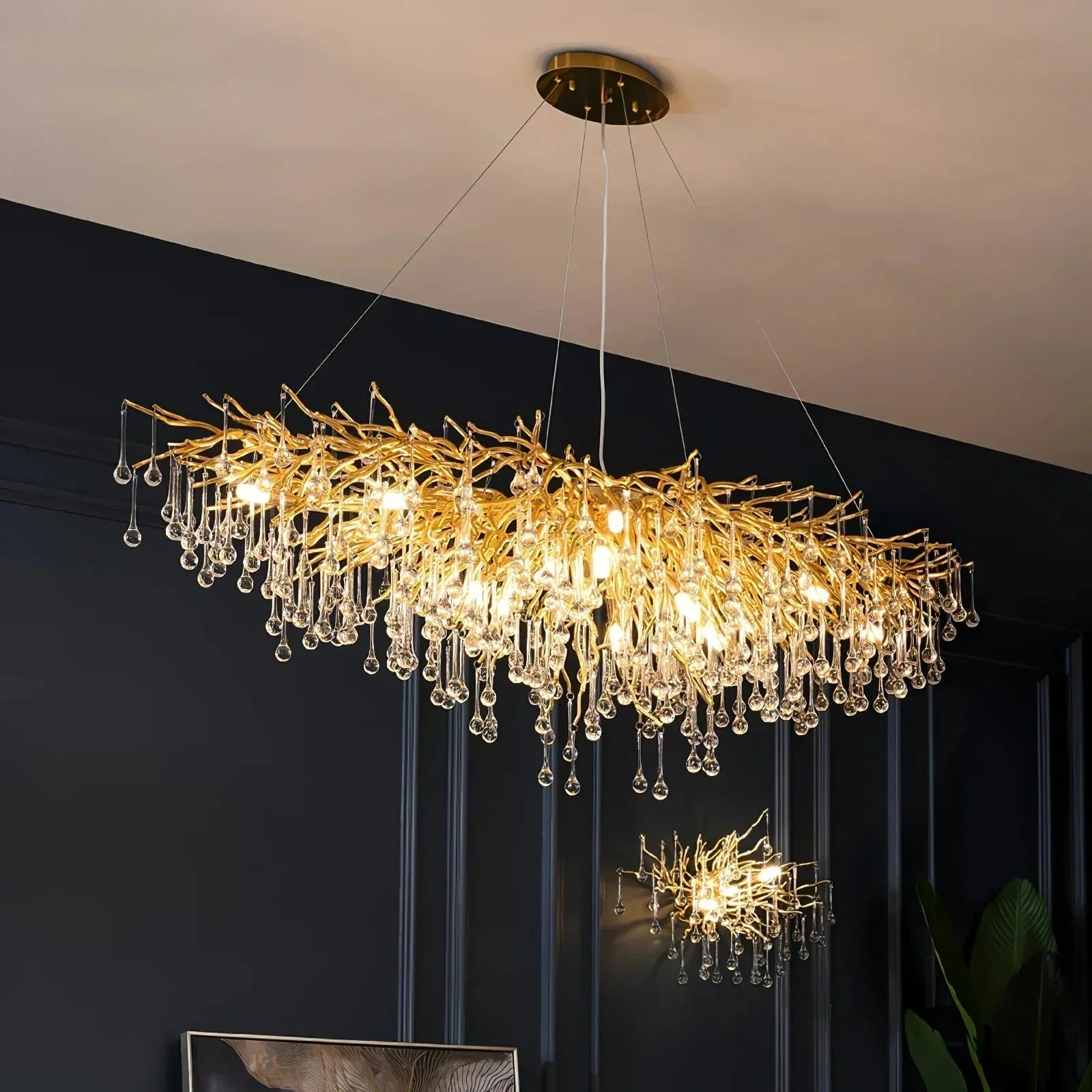 Stunning Tree Branch Crystal Chandelier with Clear Teardrop - shaped for Living/Dining Room - Round D25.6”*H15.8”/8 LightsGoldWarm LightJoyfuzzy