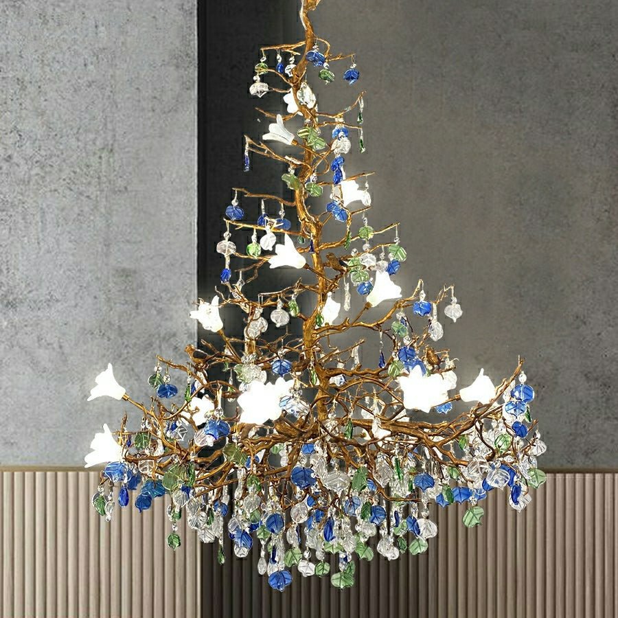 Stylish Colored Glaze Flower Crystal Chandelier Brass Tree Branch Ceiling Light For Living Room Hotel Hall - D35.4"*H43.3"/51kgWarm LightJoyfuzzy