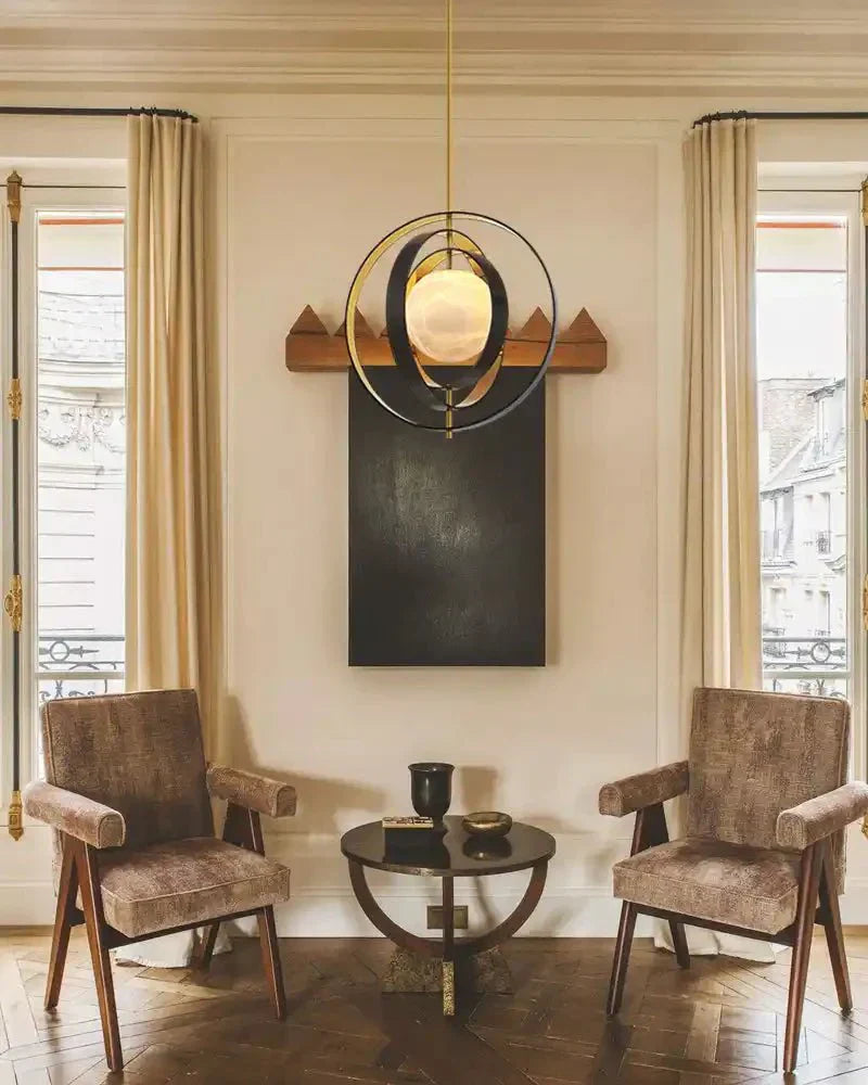 White Alabaster Round Ceiling Pendant Lamp - Gold & Bronze Rotatable Ring - Joyfuzzy